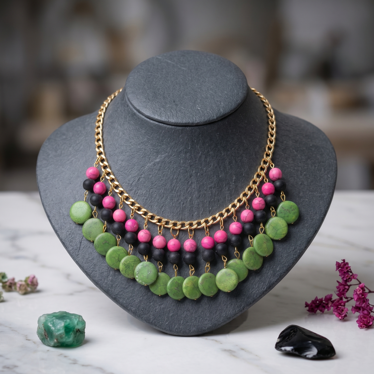 Green n Pink Stones Choker