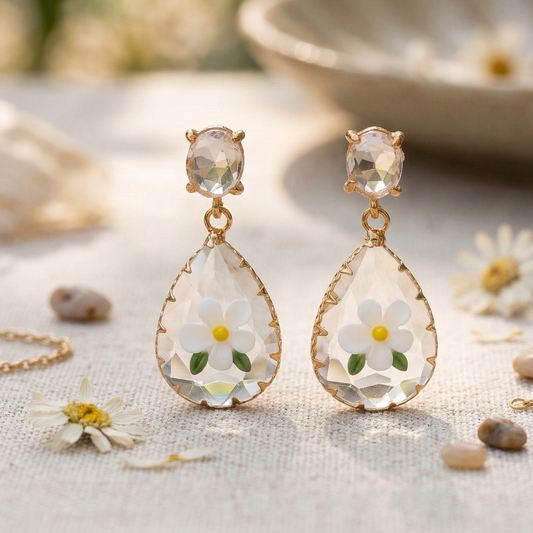 Transparent Crystal n Flower Earrings